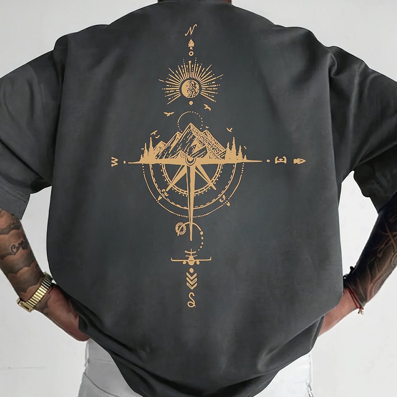 Men's Short Sleeve T-Shirt 100% Polyester Loose Fit Casual Round Neck Navy Blue with Golden Compass Rose Mountain Print - Summer Outdoor Adventure Graphic Tee, Modern Casual Top | Easy Care Clothing