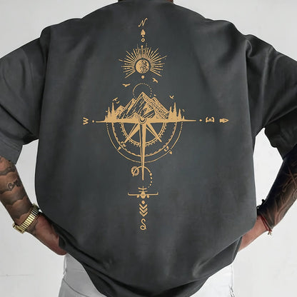 Men's Short Sleeve T-Shirt 100% Polyester Loose Fit Casual Round Neck Navy Blue with Golden Compass Rose Mountain Print - Summer Outdoor Adventure Graphic Tee, Modern Casual Top | Easy Care Clothing