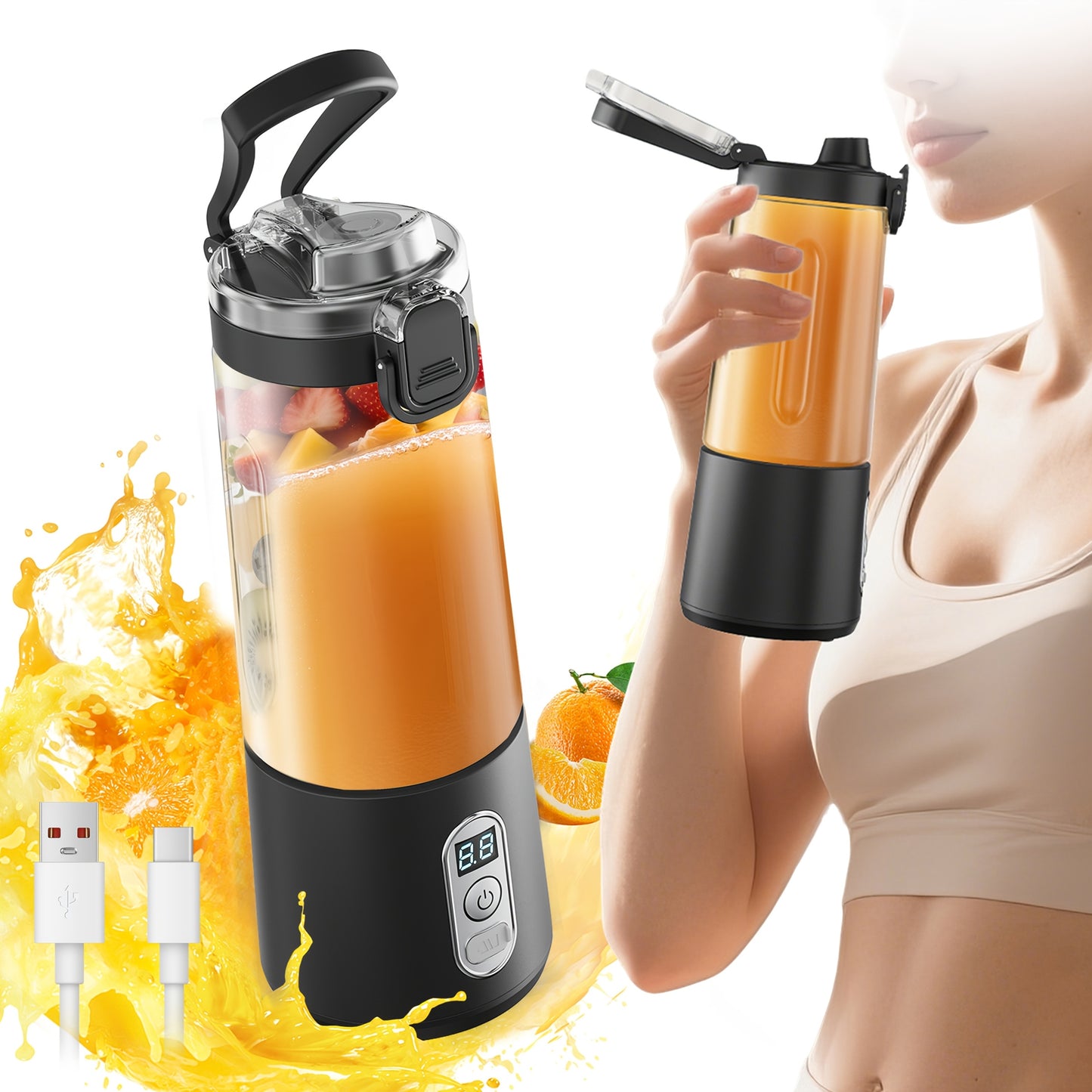 USB Rechargeable Portable Blender with Digital Timer Display, 10-Cup Capacity, Detachable & Easy-Clean Design for Smoothies, Juices, Protein Shakes - Ideal for Gym, Travel, Home Use, Smoothie Blender Portable, Juice Preparati