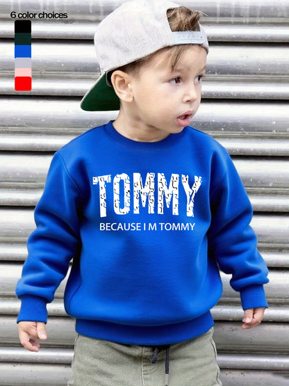 Boys' Casual Fleece-Lined Long Sleeve Sweatshirt with "TOMMY" Letter Print - Cozy Loose Fit Round Neck Pullover for Fall/Winter Outdoor Activities, 3+ Years Old, 6 Color Options, Sweater for Boy, Kids Winter Wear, Playful Kid