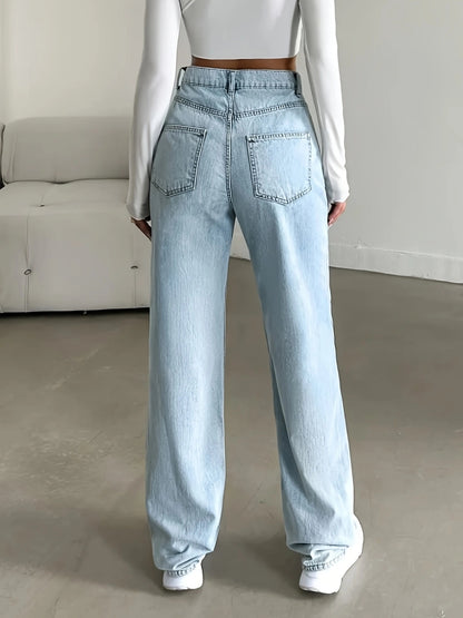 Women's Stretch Jeans - Stretchy Straight-Leg Pants with Classic Blue Wash, Machine Washable Non-See-Through Denim for Everyday & Formal Outfits - All-Season Comfort Fit Jeans, Versatile Wardrobe, Timeless Design, Quality Sti