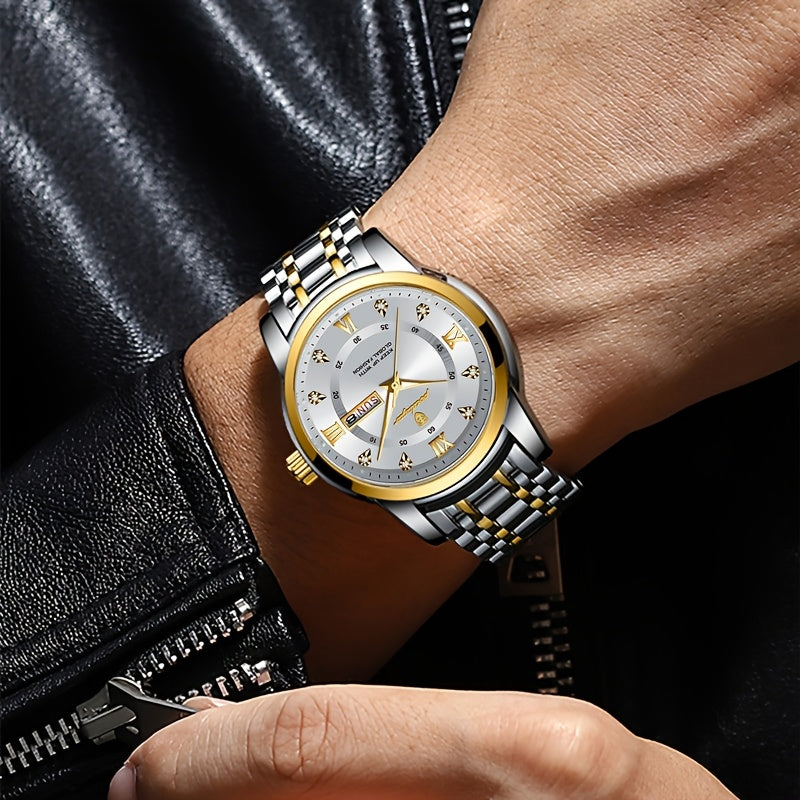 1pc Men's Fashion Stainless Steel Quartz Watch with Date Function, Rhinestone Accents, Luminous Hands, Round Dial - Casual Style, Battery Powered, Water Resistant, Ideal Gift for Birthdays and Anniversaries