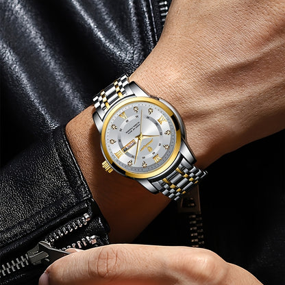 1pc Men's Fashion Stainless Steel Quartz Watch with Date Function, Rhinestone Accents, Luminous Hands, Round Dial - Casual Style, Battery Powered, Water Resistant, Ideal Gift for Birthdays and Anniversaries