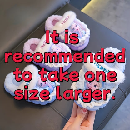 Pair of Frozen Elsa Princess Plush Slippers with Disney Elsa Design, Warm Fleece-Lined Indoor/Outdoor Shoes for Girls - New Autumn/Winter Cute Cartoon Princess Style Printed Fluffy Slippers in Sky Blue and Lilac Colors, Perfe