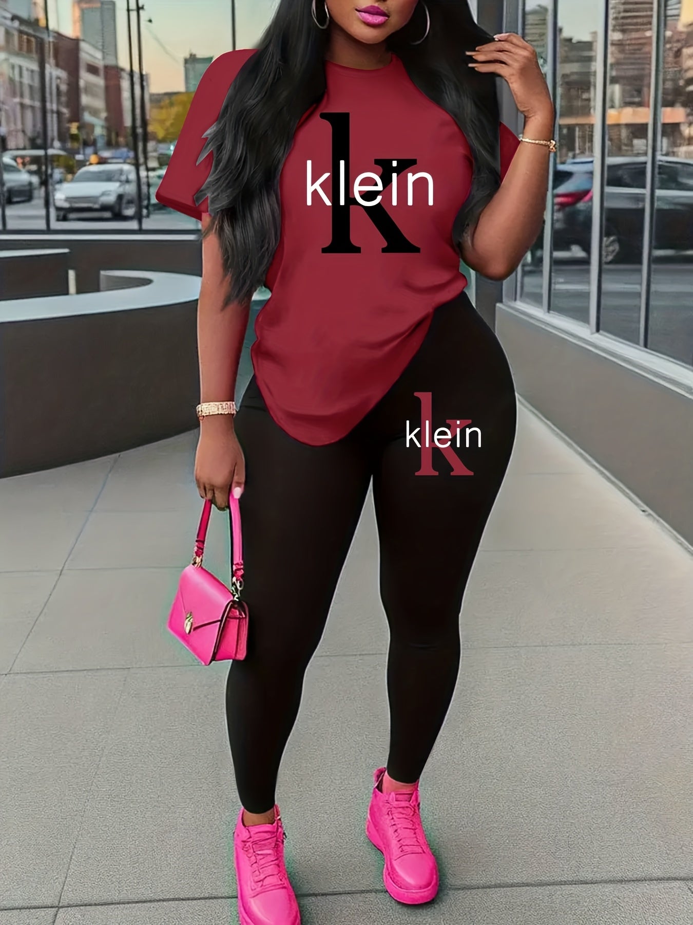Women'S "Klein" Print Short Sleeve T-Shirt & Black Pants Two-Piece Set - Casual, Stretchy Fabric, Pink & Black Design, Spring/Summer Casual Wear, Casual Attire|Graphic Tee|Stretchy