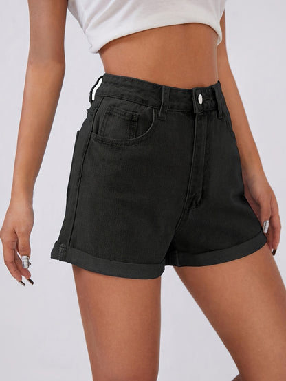 Women'S Light Blue Denim Shorts - Casual Mid-Rise Button Closure, Straight Fit, Non-Stretch Fabric, Perfect for Spring/Summer, Casual Summer Wear|Straight Fit Shorts|Button Closure Shorts