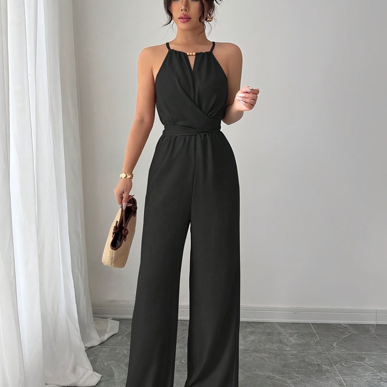 Women'S Elegant Off-Shoulder Twist Front Jumpsuit - Beige Wide-Leg Jumpsuit with Adjustable Waist Tie, Perfect for Spring & Summer Casual or Dressy Outfits, Casual Chic Wear | Offshoulder Fashion | Polyester Fabric