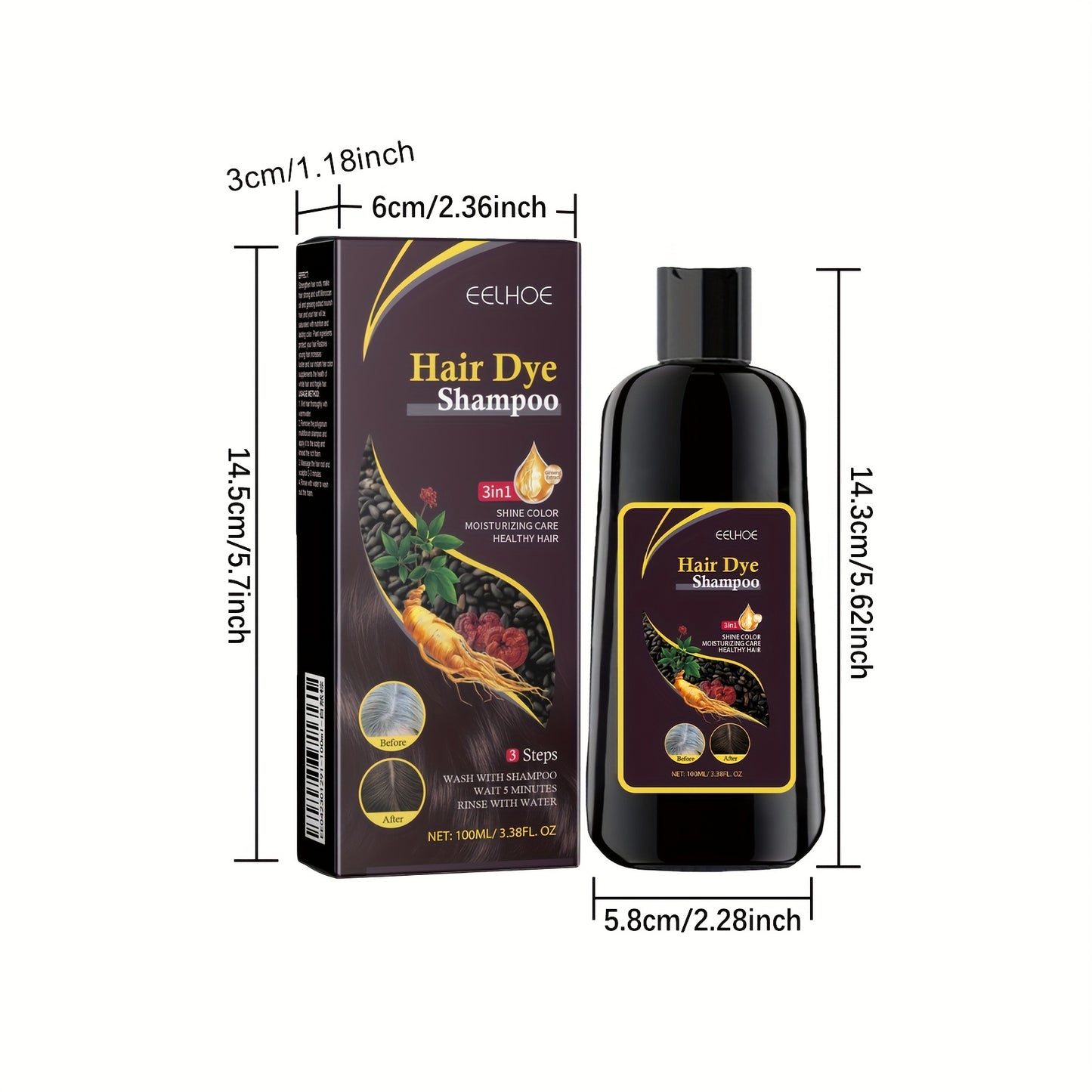 EELHOE Black Hair Dye Shampoo with 3-in-1 Formula - Natural Plant-Based Color Care, 3 Steps to Wash & Condition, No Damage to Scalp, Natural Ingredients for Men & Women, Stylish Black Hair, Nourishing Hair Care, Sleek Packagi