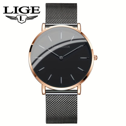 LIGE Women'S Ultra-Thin Quartz Watch with Rose Golden Mesh Strap - Elegant Blue Dial, Minimalist Design, Perfect Gift for Mother'S Day, Christmas, Thanksgiving, Christmas Accessory | Minimalist Watch | Quartz Movement