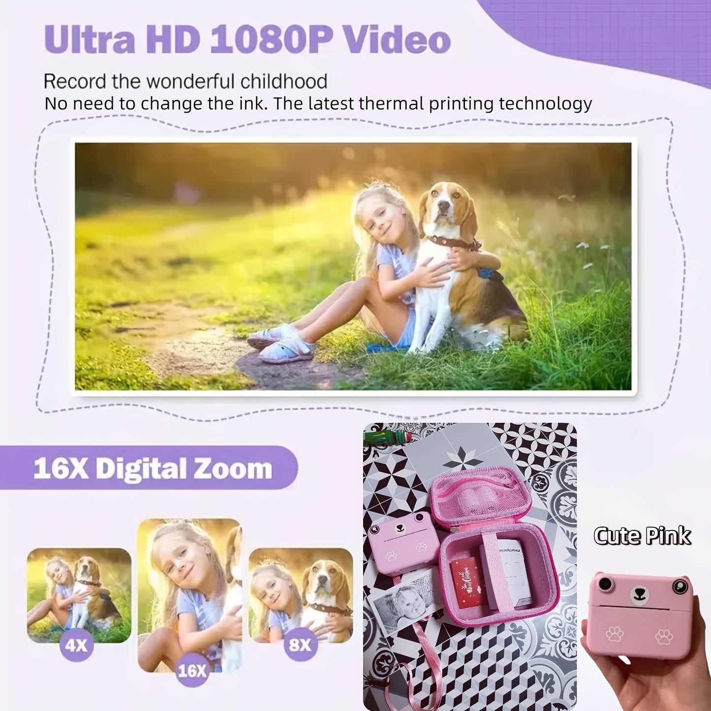 Mini Thermal Portable Instant Printing Camera for Kids, 3/5/10S Delayed Photography with USB Charger 1500mAh Battery And Three Rolls Printing Paper