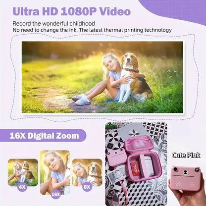 Mini Thermal Portable Instant Printing Camera for Kids, 3/5/10S Delayed Photography with USB Charger 1500mAh Battery And Three Rolls Printing Paper