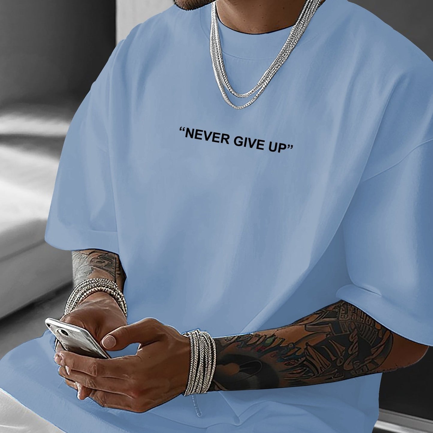 Men's "Never Give Up" Graphic Print Casual T-Shirt - Comfortable Crew Neck, Short Sleeve, Loose Fit for Spring & Summer, White Polyester Tee for Casual Attire, Casual Summer Wear | Loose Fit Top | Smooth Texture
