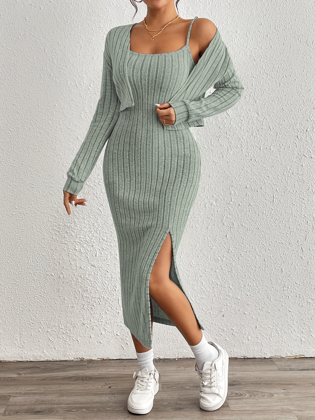 Simple y Fleece Two-Piece Dress and Jacket Set