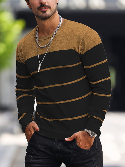 Men's Casual Striped Knit Pullover Sweater - Navy & White Contrast, Regular Fit H-Silhouette, Long Sleeve Crew Neck, Medium Stretch, Machine Washable for Spring & Fall, Mediumstretch Fabric