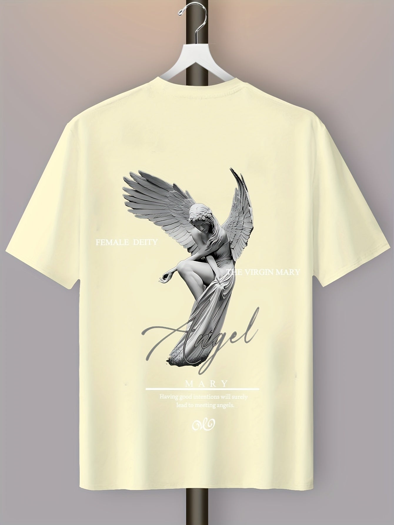 Men'S Casual Street Style Angel Graphic T-Shirt - "Female Devity" Print, Loose Fit, Polyester Blend, Summer Essential, Textured Look, Black with White Design, Short Sleeve, Round Neck, Perfect for Casual Attire, Everyday Tshi
