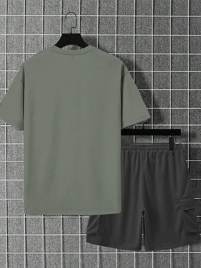 New Loose Fit Breathable Men's Crew Neck Short Sleeve T-Shirt and Workwear Style Multi-Pocket Shorts Set, Summer Casual Sportswear Two-Piece Outfit, Stylish Versatile Top and Pants for Both Men and Women