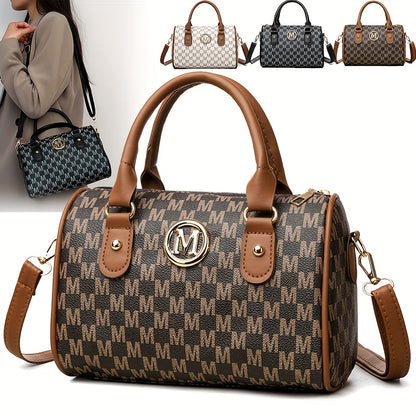 Perfect Lily Women'S Mini Shoulder Bag with Golden "M" Monogram - Elegant Houndstooth Design, Detachable Strap, Lightweight Synthetic Faux Leather Purse for Work, Travel, Parties & Gifts (White/Black/Brown), Small Crossbody B