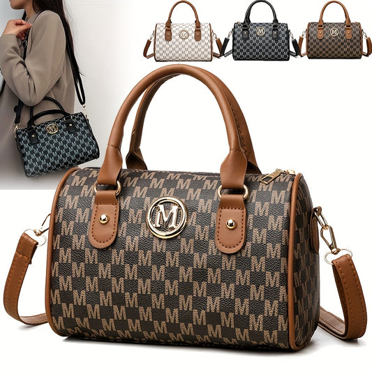 Perfect Lily Women'S Mini Shoulder Bag with Golden "M" Monogram - Elegant Houndstooth Design, Detachable Strap, Lightweight Synthetic Faux Leather Purse for Work, Travel, Parties & Gifts (White/Black/Brown), Small Crossbody B