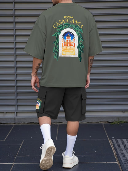 New Loose-Fitting Breathable Men'S Round Neck Short-Sleeved T-Shirt And Workwear Style Multi-Pocket Shorts Set Summer Leisure Sports Two-Piece Suit, Fashionable Sports Casual Versatile Tops And Pants for Men And Women