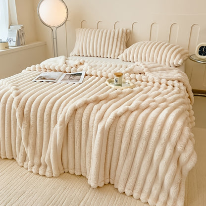 Warm and comfortable flannel drawstring blanket, imitation rabbit fur blanket, soft and warm sofa blanket, suitable for napping, office, outdoor camping, sofa nap blanket, versatile striped pattern gift blanket for all season