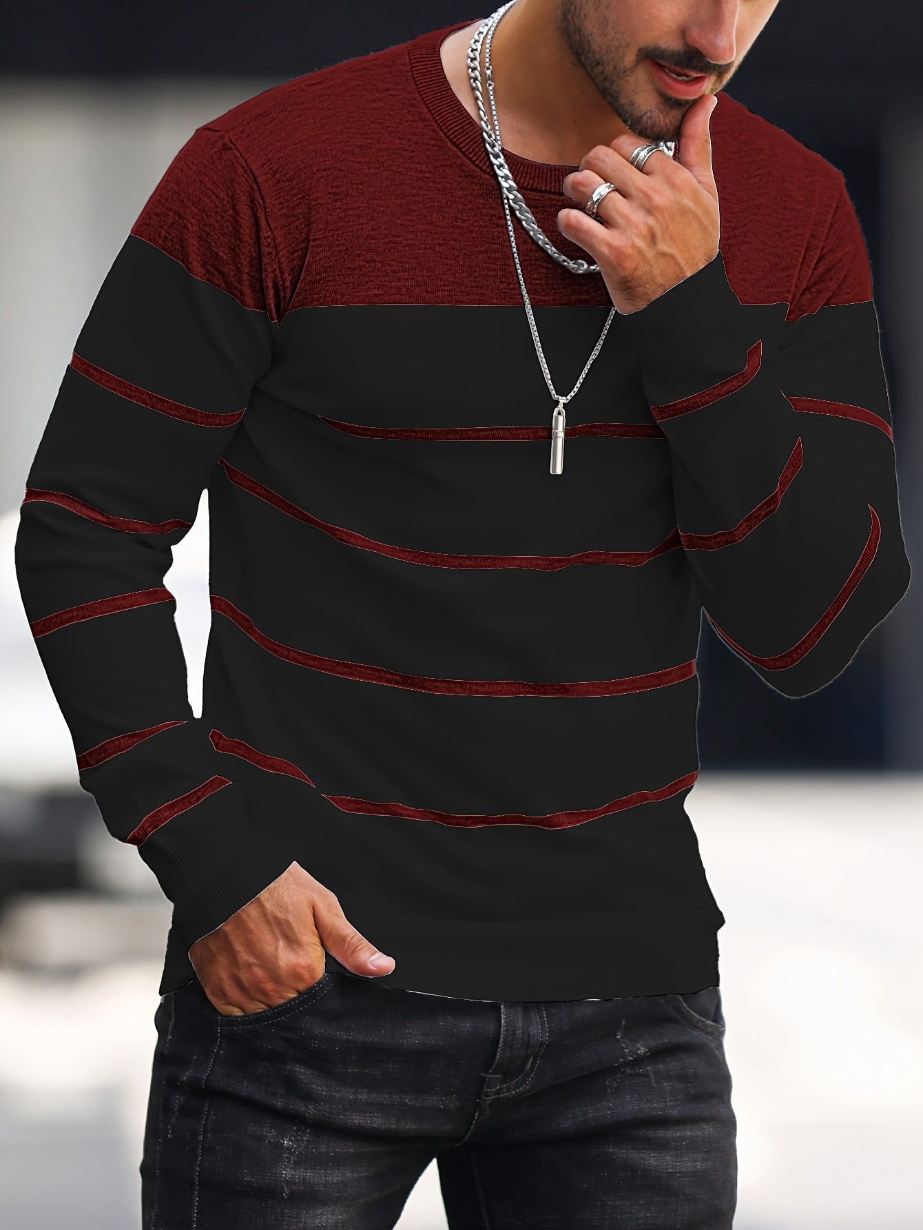Men's Casual Striped Knit Pullover Sweater - Navy & White Contrast, Regular Fit H-Silhouette, Long Sleeve Crew Neck, Medium Stretch, Machine Washable for Spring & Fall, Mediumstretch Fabric