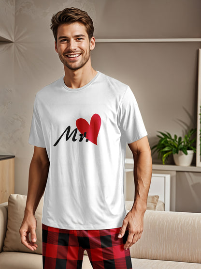 Men'S Polyester Crew Neck T-Shirt and Pants Set, Red Heart Print Tee with Red Checkered Pants, Medium Stretch Knit Fabric, Regular Fit, 97% Polyester 3% Elastane, Comfortable Home Wear