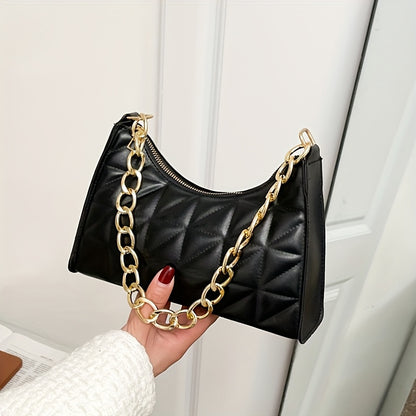 Women's Lightweight Shoulder Bag - Glossy Black Handbag with Golden Chain Strap, Zip Closure, Elegant Everyday & Formal Purse for Women, Parties, Travel, Office - Luxury Chain Strap & Zipper Closure, Party Accessory, Modern S