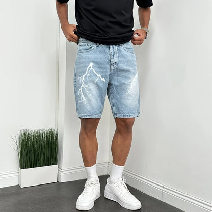 Men's Relaxed Fit Straight-Leg Distressed Wash Print Denim Shorts - Casual Streetwear Versatile Mid-Length Shorts for All-Season Comfort