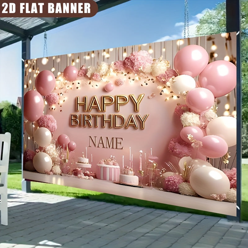 2D Flat, 1pc Customizable Princess-Themed Birthday Party Banner - Sparkling Pink Floral & Cake Design, Vinyl Inkjet Print, Personalized Name Option, Perfect for Wall Decor & Event Signage, Birthday Party Decorations