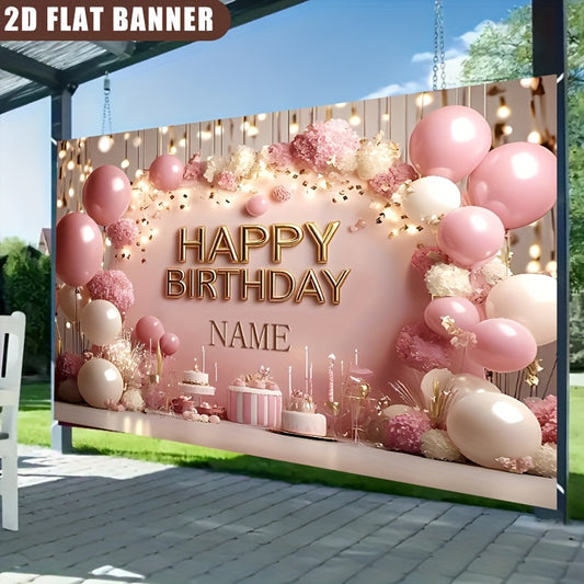 2D Flat, 1pc Customizable Princess-Themed Birthday Party Banner - Sparkling Pink Floral & Cake Design, Vinyl Inkjet Print, Personalized Name Option, Perfect for Wall Decor & Event Signage, Birthday Party Decorations