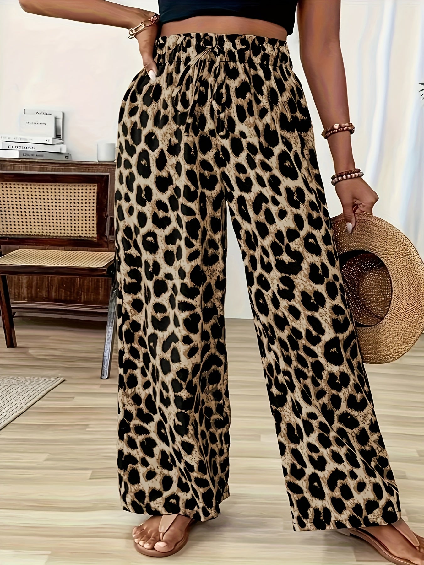 Plus Size, Plus Size Leopard Print French Drawstring Straight Leg Pants
