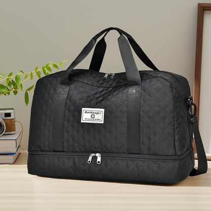 Casual Style Nylon Travel Duffel Bag, Large Capacity, Solid Color, Zipper Closure, Handheld or Shoulder Carry, with Black and Beige Options, for Outing and Weekend Trip