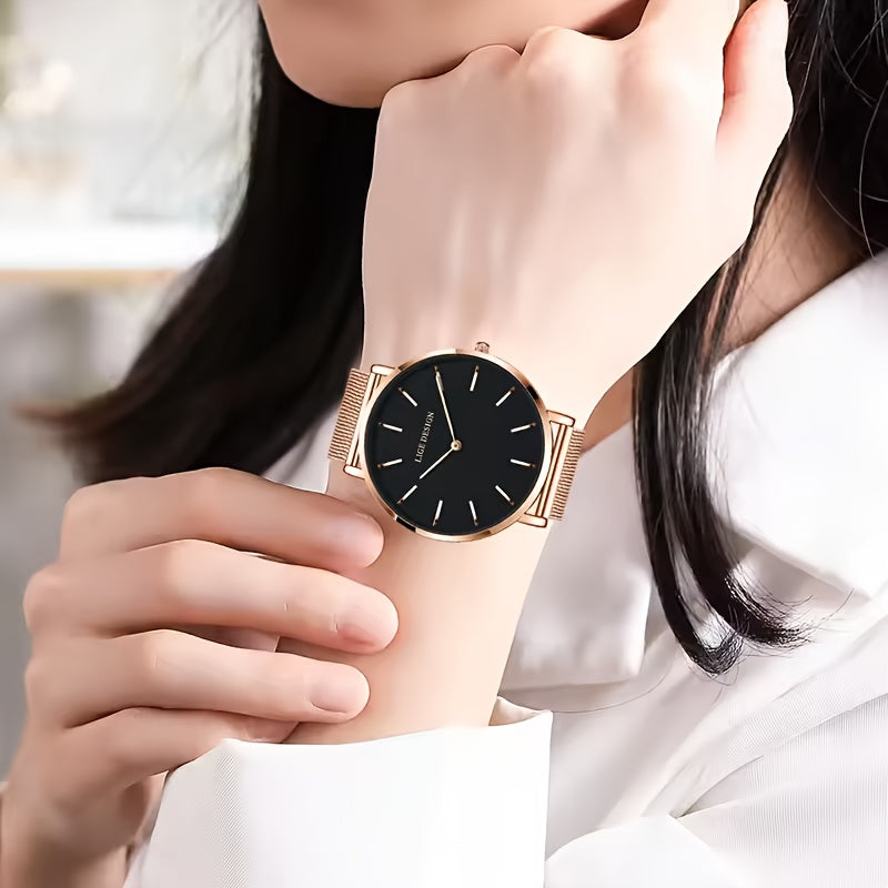 LIGE Women'S Ultra-Thin Quartz Watch with Rose Golden Mesh Strap - Elegant Blue Dial, Minimalist Design, Perfect Gift for Mother'S Day, Christmas, Thanksgiving, Christmas Accessory | Minimalist Watch | Quartz Movement