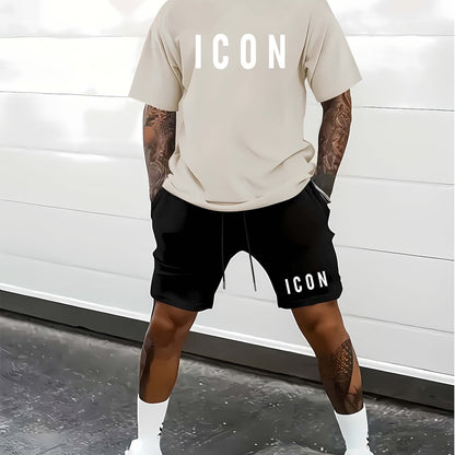 Men'S Casual Sporty Outdoor Two-Piece Set - Summer T-Shirt & Shorts with Bold "ICON" Print, Geometric Pattern, Regular Fit, Crew Neck, Light Blue & Black, Comfortable for Casual Attire, Leisure Clothing | Bold Print Shirt | C
