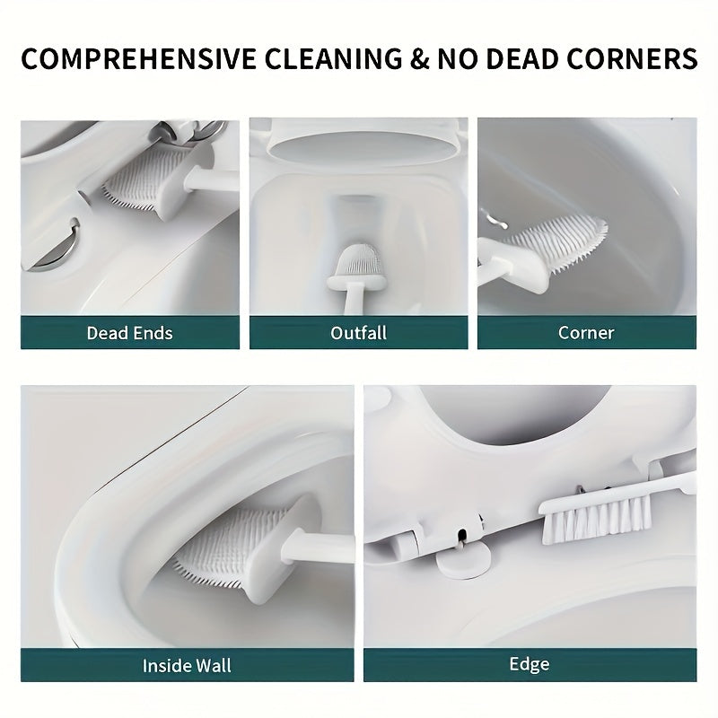 1 Set of 2 Toilet Brushes and 1 Toilet Seat, Wall-Mounted Toilet Brush, Silicone Soft Toilet Head, Long Handle Toilet Brush, Multi-Functional Household Cleaning Tool, Home Essentials