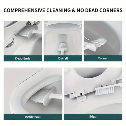 1 Set of 2 Toilet Brushes and 1 Toilet Seat, Wall-Mounted Toilet Brush, Silicone Soft Toilet Head, Long Handle Toilet Brush, Multi-Functional Household Cleaning Tool, Home Essentials
