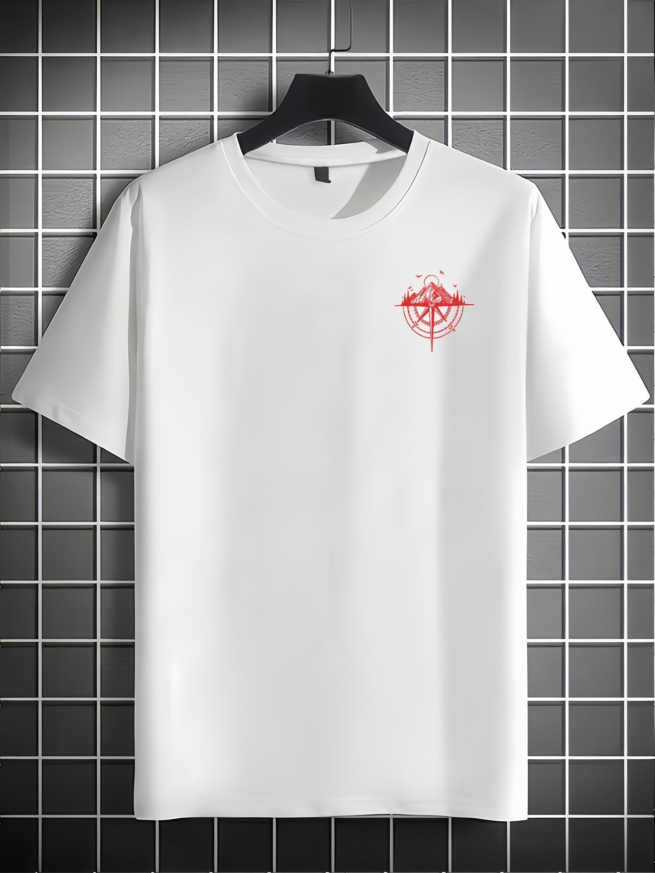 Men's Short Sleeve T-Shirt 100% Polyester Loose Fit Casual Round Neck Navy Blue with Golden Compass Rose Mountain Print - Summer Outdoor Adventure Graphic Tee, Modern Casual Top | Easy Care Clothing