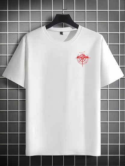 Men's Short Sleeve T-Shirt 100% Polyester Loose Fit Casual Round Neck Navy Blue with Golden Compass Rose Mountain Print - Summer Outdoor Adventure Graphic Tee, Modern Casual Top | Easy Care Clothing
