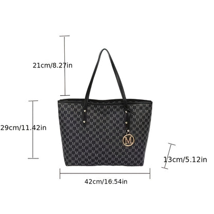 2025 Women's Designer-Inspired Large Tote Bag - Geometric Synthetic Leather Handbag with Detachable Golden Chain Strap & 'M' Monogram Accent, Lightweight Work Purse for Office, School, Shopping - Coffee Brown, Beige, Black -