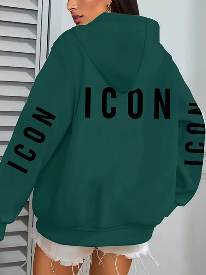 1pc Women'S Pink Hoodie with "ICON" Letter Print - Cozy Long-Sleeve Zip-Up Sweatshirt, Machine Washable, Casual Fall/Winter Pullover with Pockets, Casual Winter Wear | Trendy Casual Hoodie | Machine Washable Fabric