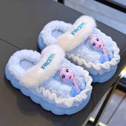 Pair of Frozen Elsa Princess Plush Slippers with Disney Elsa Design, Warm Fleece-Lined Indoor/Outdoor Shoes for Girls - New Autumn/Winter Cute Cartoon Princess Style Printed Fluffy Slippers in Sky Blue and Lilac Colors, Perfe