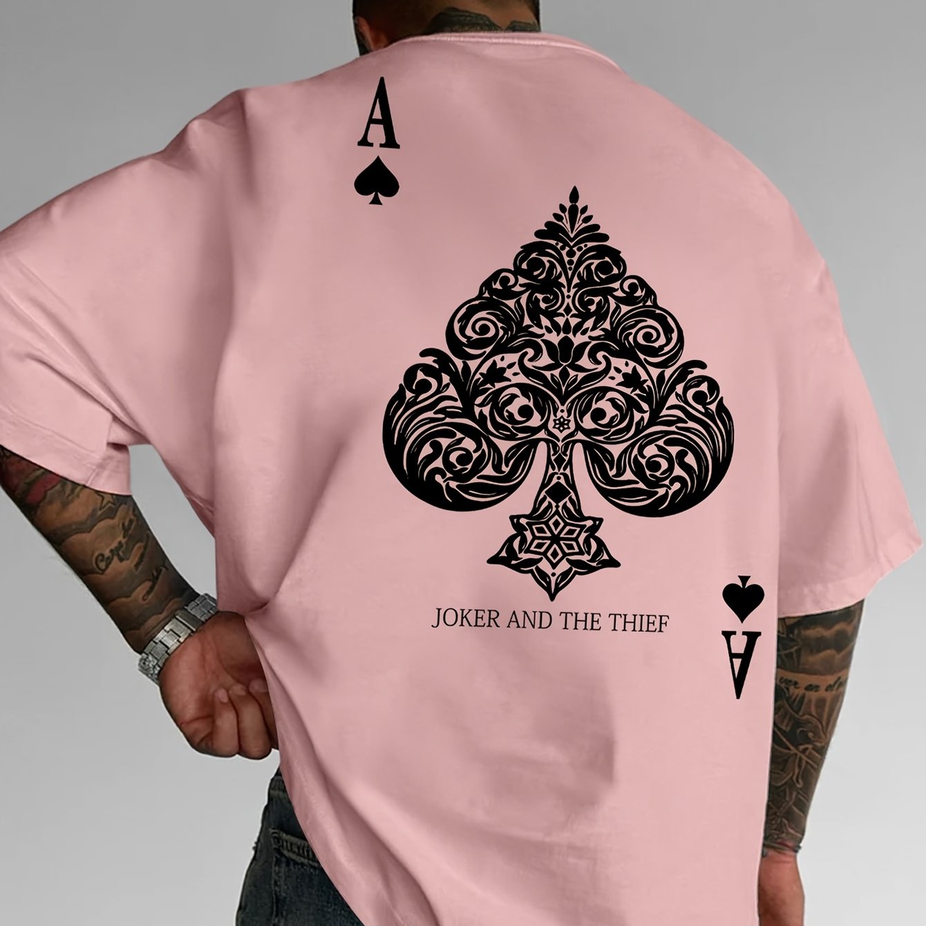 Men's Pink Street Style Graphic T-Shirt - Joker and the Thief Design, Loose Fit, Round Neck, Short Sleeve, Geometric Pattern, Machine Washable, Summer Casual Wear for Adults