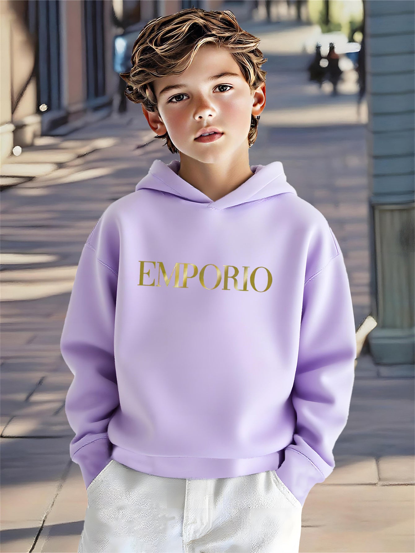 Boys' Cozy Soft Hoodie with "EMPORIO" Print - Navy Blue Casual Long Sleeve Pullover for Fall/Winter, Comfortable Outdoor Sportswear, Hoodie for Winter, Autumn Clothing, Stylish Pullover, Soft Fabric Hoodie