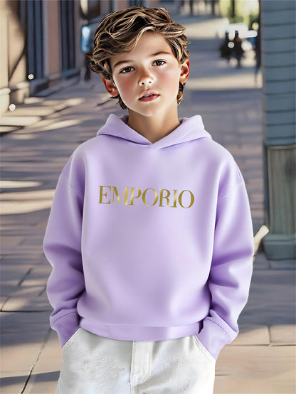 Boys' Cozy Soft Hoodie with "EMPORIO" Print - Navy Blue Casual Long Sleeve Pullover for Fall/Winter, Comfortable Outdoor Sportswear, Hoodie for Winter, Autumn Clothing, Stylish Pullover, Soft Fabric Hoodie