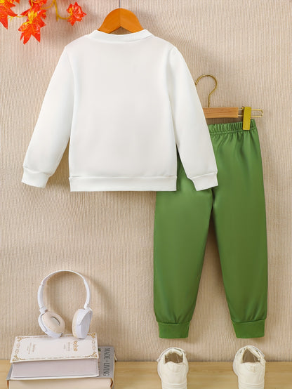 2pcs boys' casual sweatshirt and pants set with cool dinosaur print, perfect for autumn and winter seasons. Ideal as a gift or for leisure, sports, and vacation activities. Suitable for outdoor wear, Perfect for Outdoor