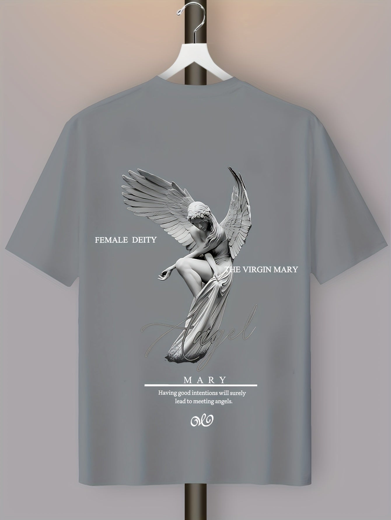 Men'S Casual Street Style Angel Graphic T-Shirt - "Female Devity" Print, Loose Fit, Polyester Blend, Summer Essential, Textured Look, Black with White Design, Short Sleeve, Round Neck, Perfect for Casual Attire, Everyday Tshi