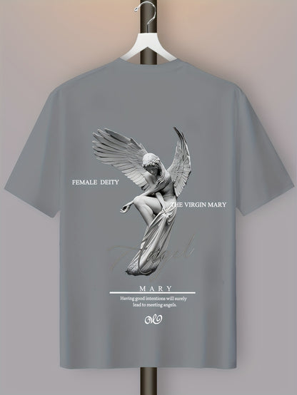 Men'S Casual Street Style Angel Graphic T-Shirt - "Female Devity" Print, Loose Fit, Polyester Blend, Summer Essential, Textured Look, Black with White Design, Short Sleeve, Round Neck, Perfect for Casual Attire, Everyday Tshi