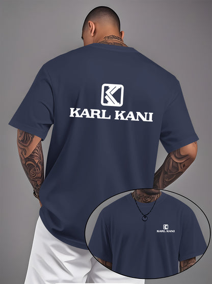 Men'S Casual Crew Neck T-Shirt with "KARL KANI" Graphic - Breathable, Moisture-Wicking, Short Sleeve, Regular Fit, Geometric Pattern, Ideal for Home & Outdoor Activities, All-Season Comfort, Outdoor Clothing | Relaxed Fit Shi