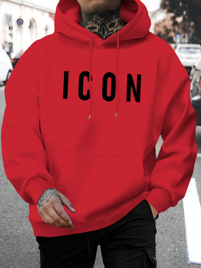 Men'S Casual Hoodie with Iconic Print - Stylish Pullover with Kangaroo Pocket, Stretch Fabric, Machine Washable - Perfect for Spring & Fall, Polyester Blend, Casual Wear Hoodie|Hooded Sweatshirt|Stretch Fabric Hoodie