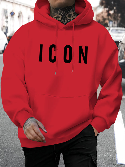 Men'S Casual Hoodie with Iconic Print - Stylish Pullover with Kangaroo Pocket, Stretch Fabric, Machine Washable - Perfect for Spring & Fall, Polyester Blend, Casual Wear Hoodie|Hooded Sweatshirt|Stretch Fabric Hoodie